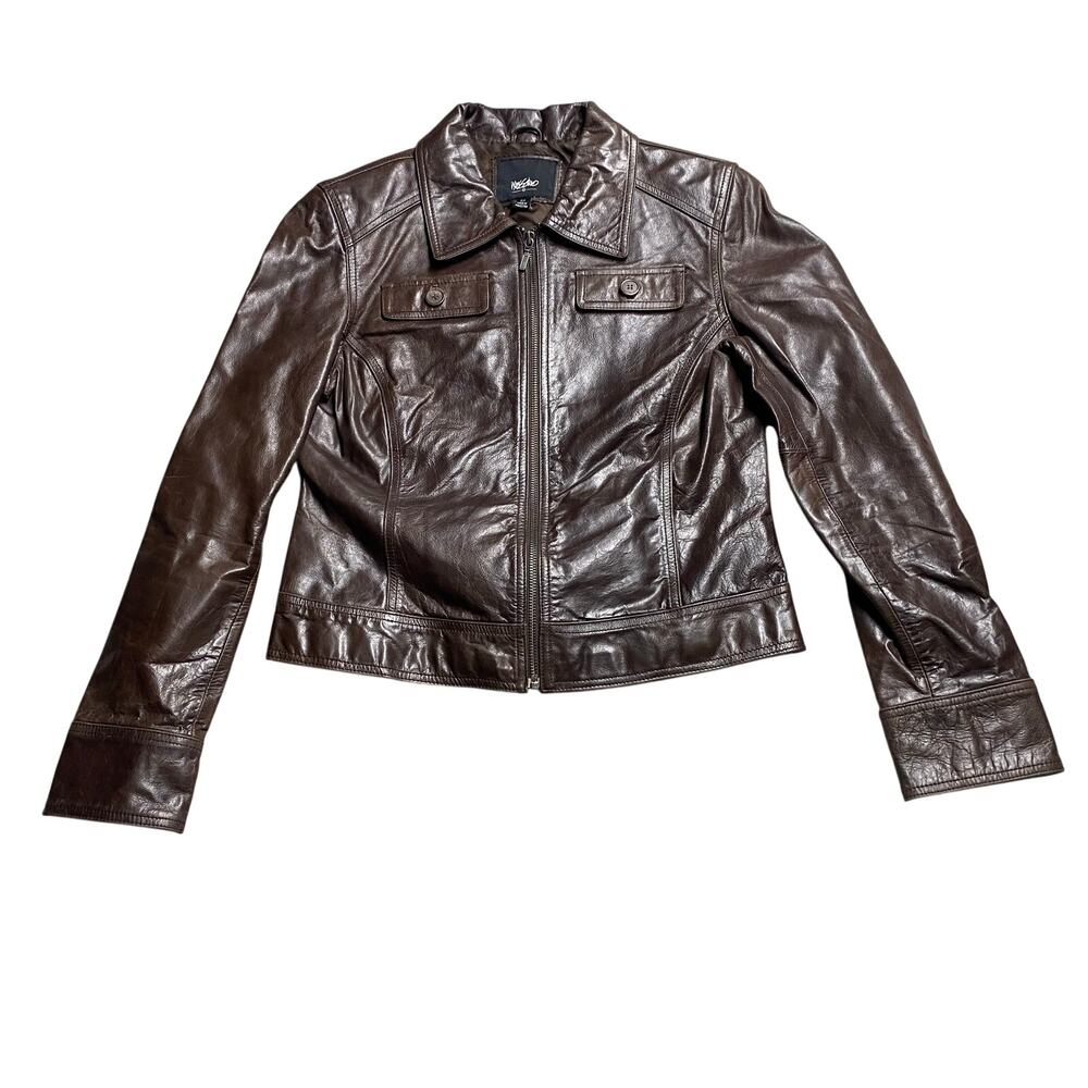 Vintage Mossimo Y2K Genuine Brown Soft Leather Zip Up Motorcycle Jacket Womens M
